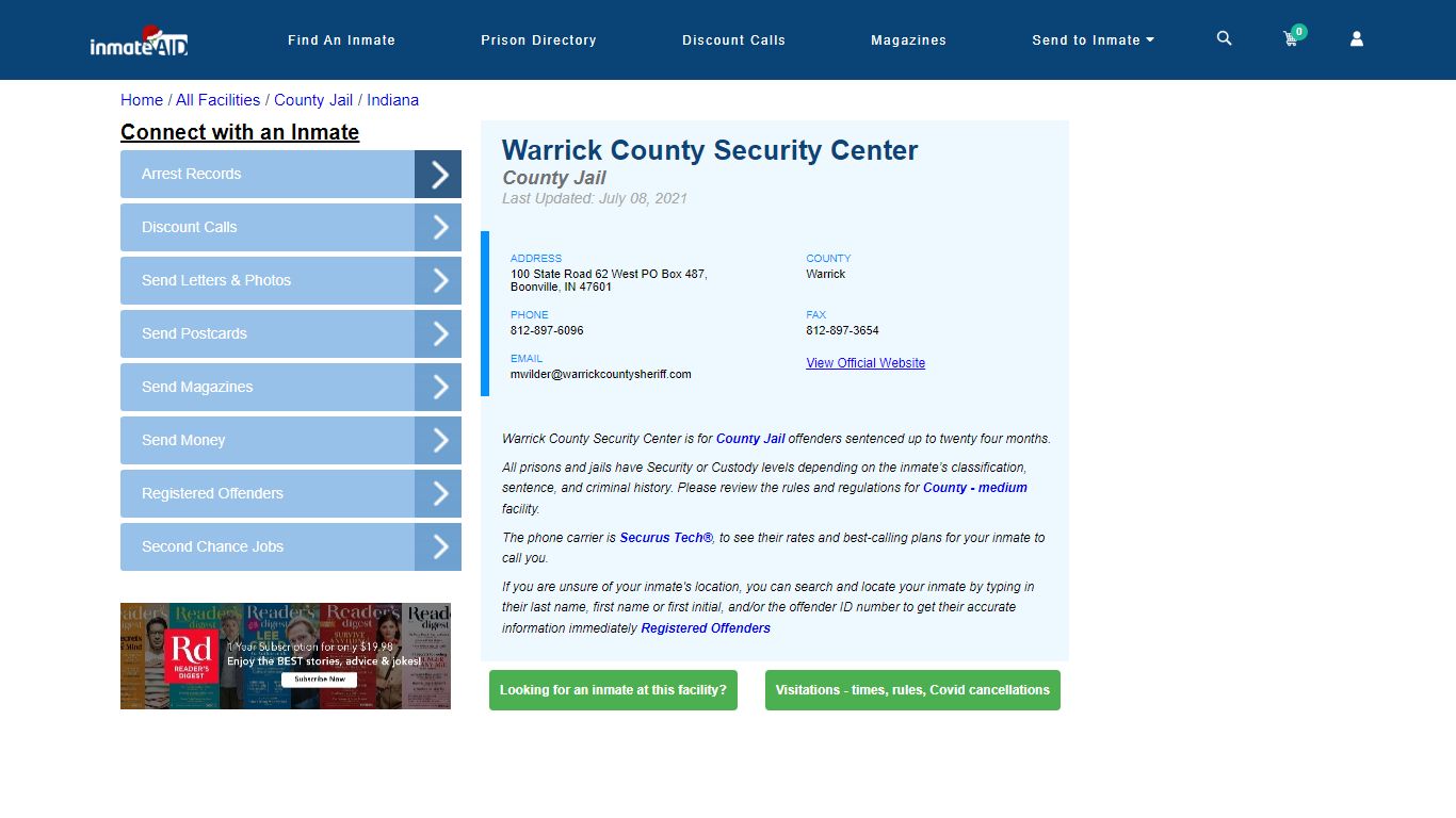 Warrick County Security Center - Inmate Locator - Boonville, IN